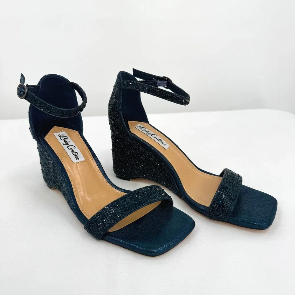 Black Beaded Ankle-Strap Wedge Sandals